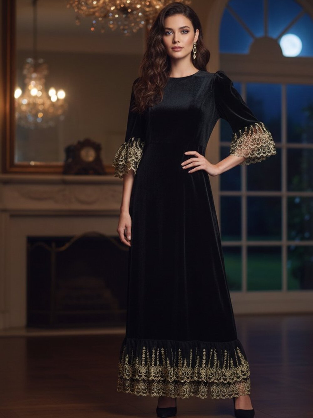 Pomander Place Lillith Velvet Dress Gold Med Luxe Holiday Party Dress NWT